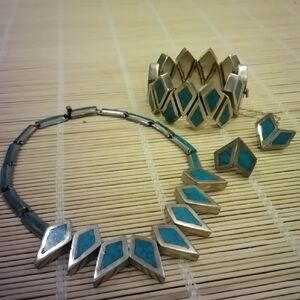 Vintage Taxco Mexico Modernist Balderas Sterling Silver Turquoise 3-PC Set